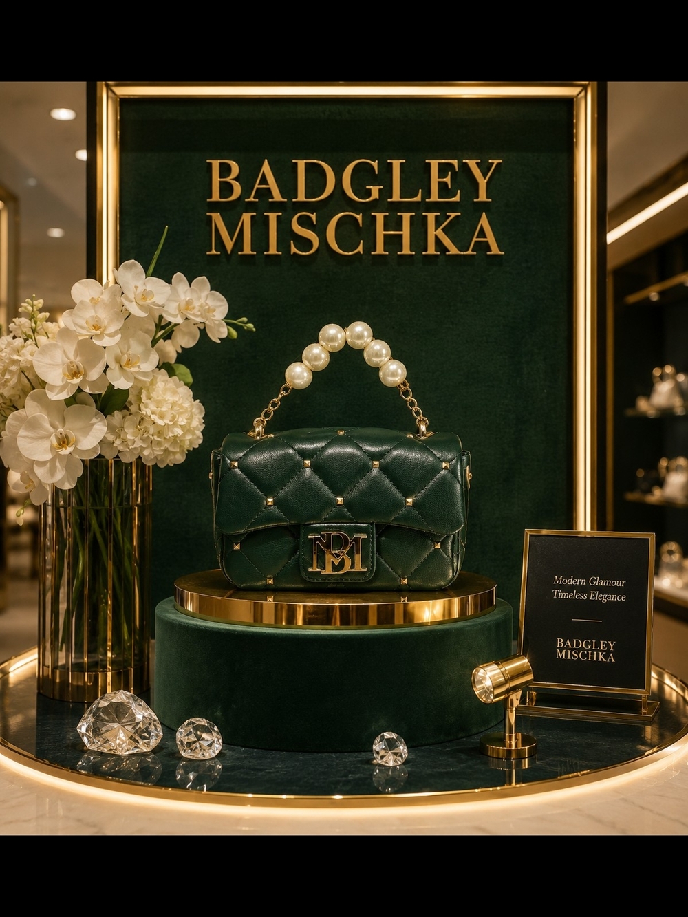 Badgley Mischka Emerald Quilted Mini Crossbpdy with Pearl Top Handle